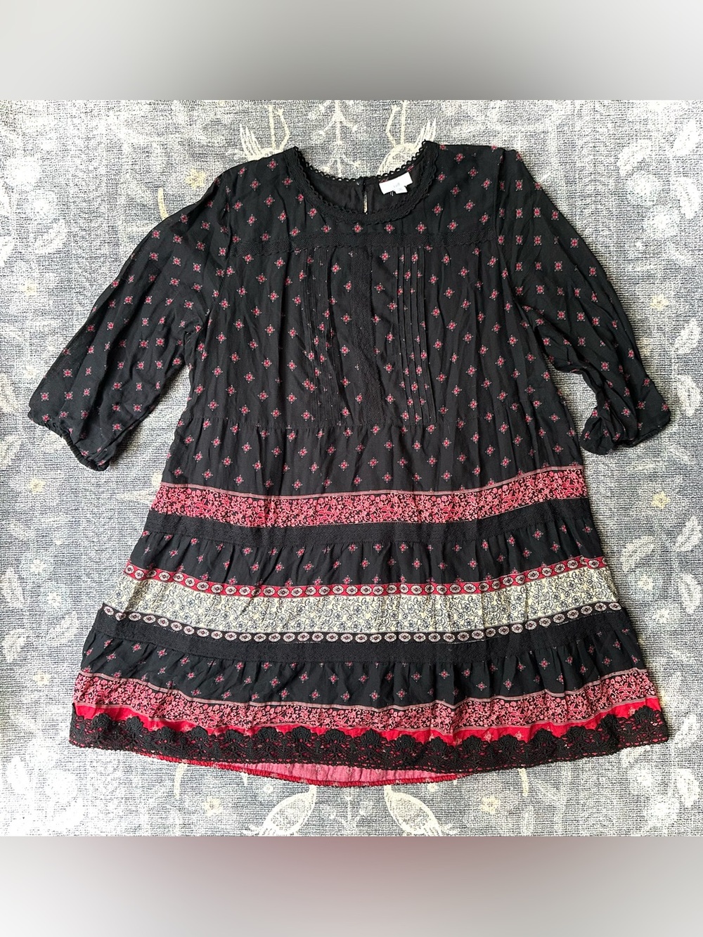 J.Jill Black Red Floral Tiered Lace Trim Peasant Mini Dress XL Petite